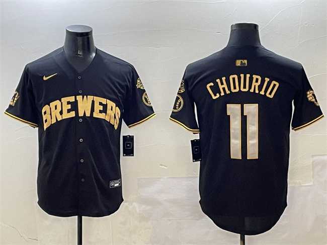Mens Milwaukee Brewers #11 Jackson Chourio Black Gold With Home Patch Limited Stitched Jersey->milwaukee brewers->MLB Jersey